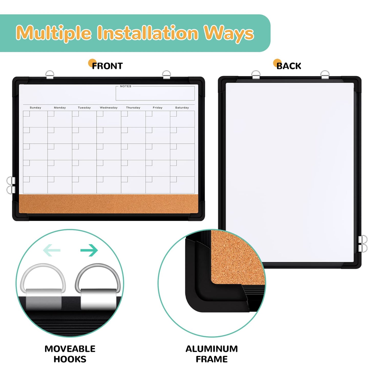 Monthly Calendar Whiteboard Dry Erase Cork Board Combination for Wall, 17x13 Magnetic Dry Erase Board, Double-Sided White Board, Portable Board for Office, Planning, Memo, School, Home (Black)