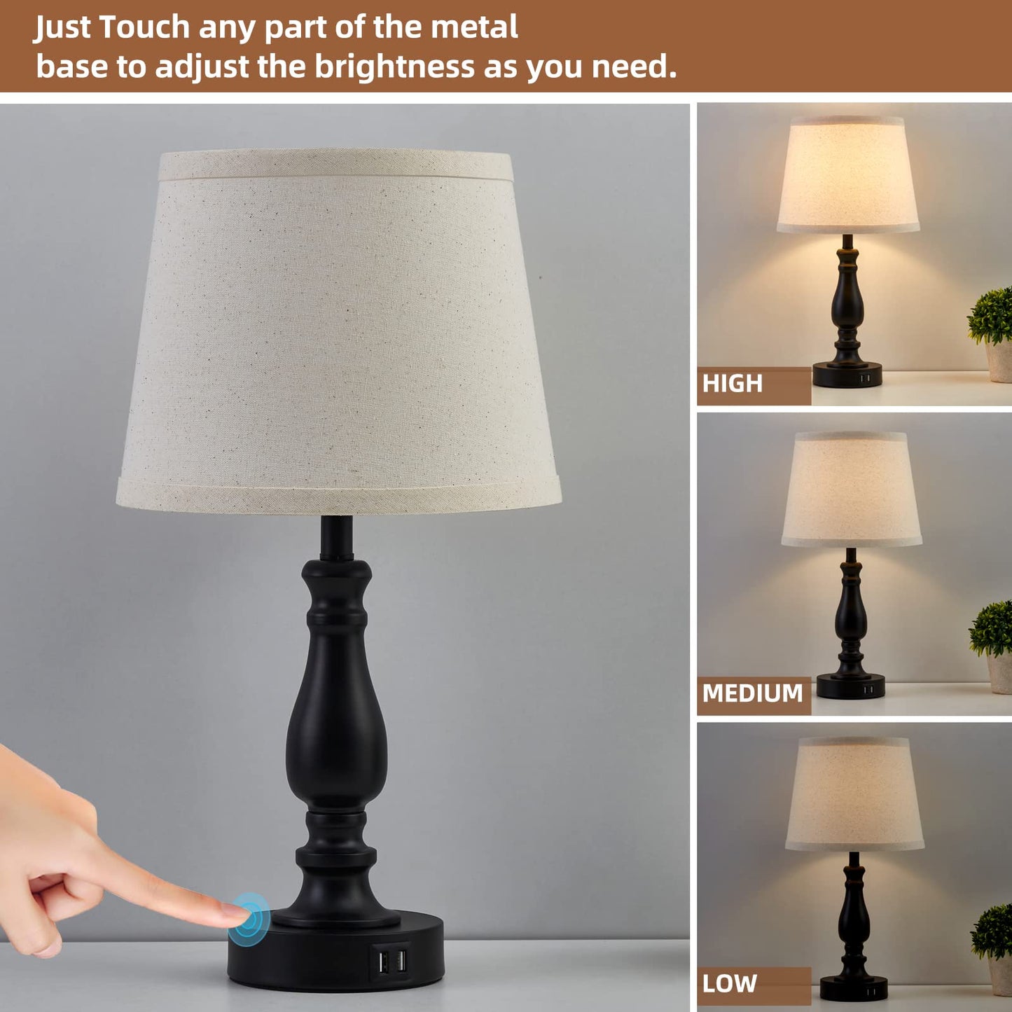EJIAXIN Lamps for Bedroom Set of 2,Touch Bedside Table Lamp with USB C+A Ports,Dimmable Nightstand Lamps with Round Fabric Linen Lampshade for Living Room Reading Bed Side End Table,Bulbs Included