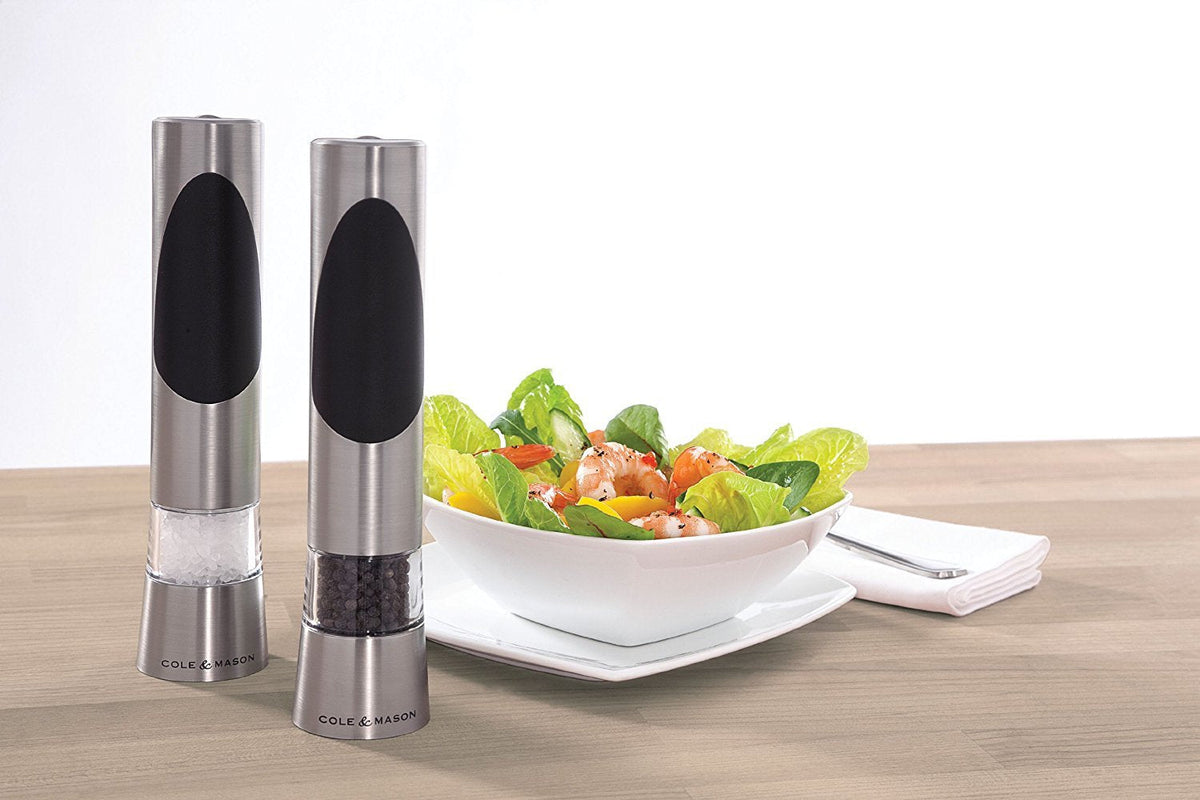 Cole & Mason Richmond Electronic Salt & Pepper Mill Gift Set - One-Button Electric Spice Grinder with Large Grinding Chamber - Requires 6 AAA Batteries - Hand Wash Kitchen Tool - Stainless Steel