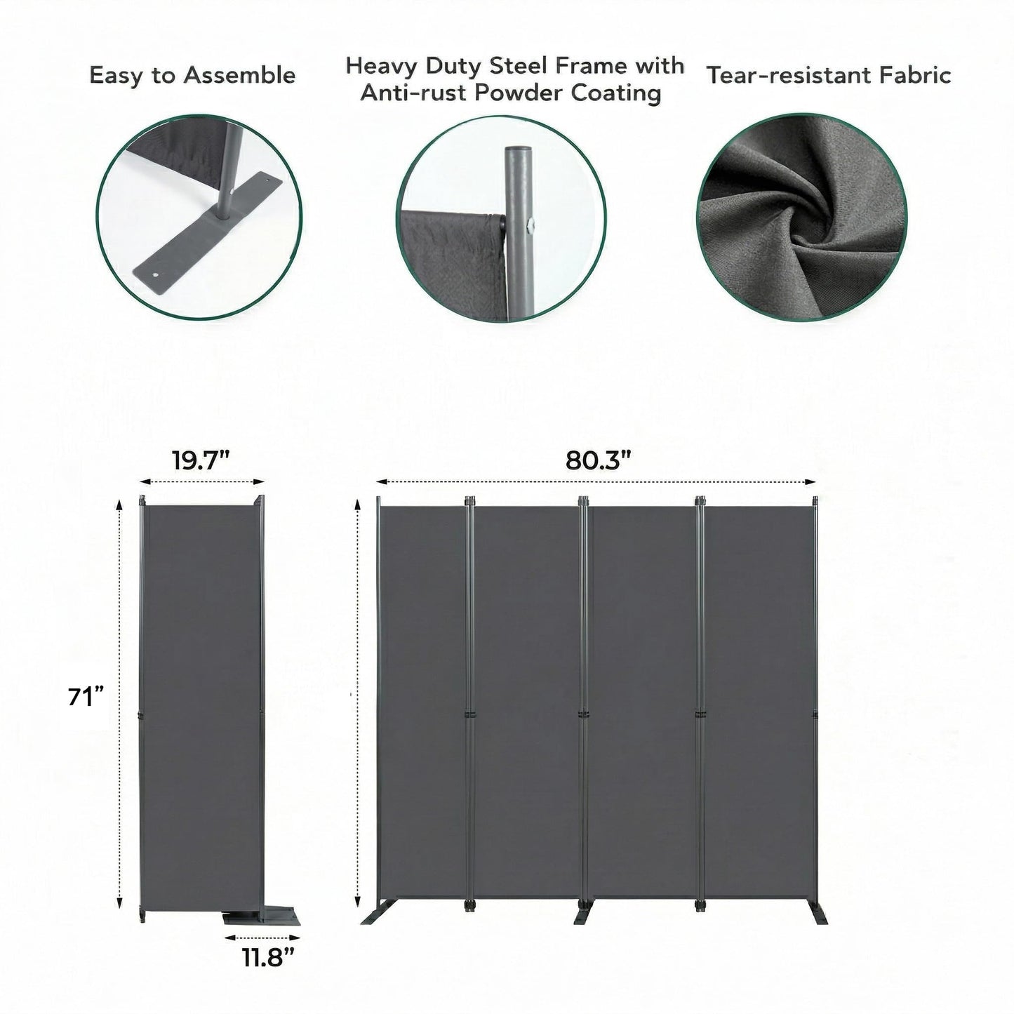 Room Divider 6FT Portable Folding Privacy Screen, 4 Panel Fabric Room Divider Freestanding Room Partition for Bedroom & Office，80" W X 71" H，Gray