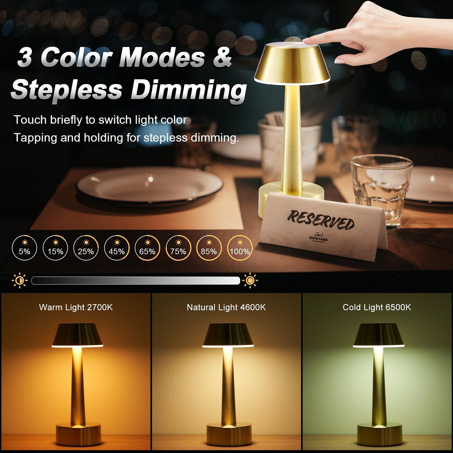 2 Pack Small Cordless Table Lamp, Battery Operated Gold Lamp for Restaurant Dinner Table, Rechargeable 3-Way Dimmable Touch Light Portable Metal Night Light for Bedside Dining Room Patio Bar Outdoor