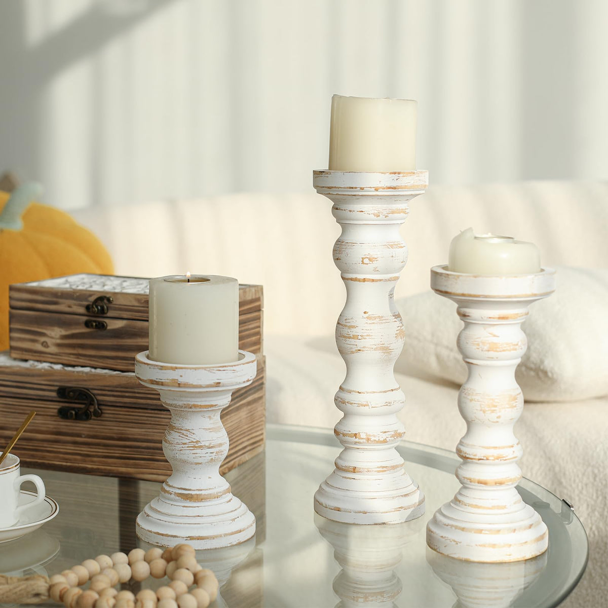 SWALLOWLIVING Rustic Farmhouse Wood Pillar Candle Holder Set of 3 for Candlestick, White