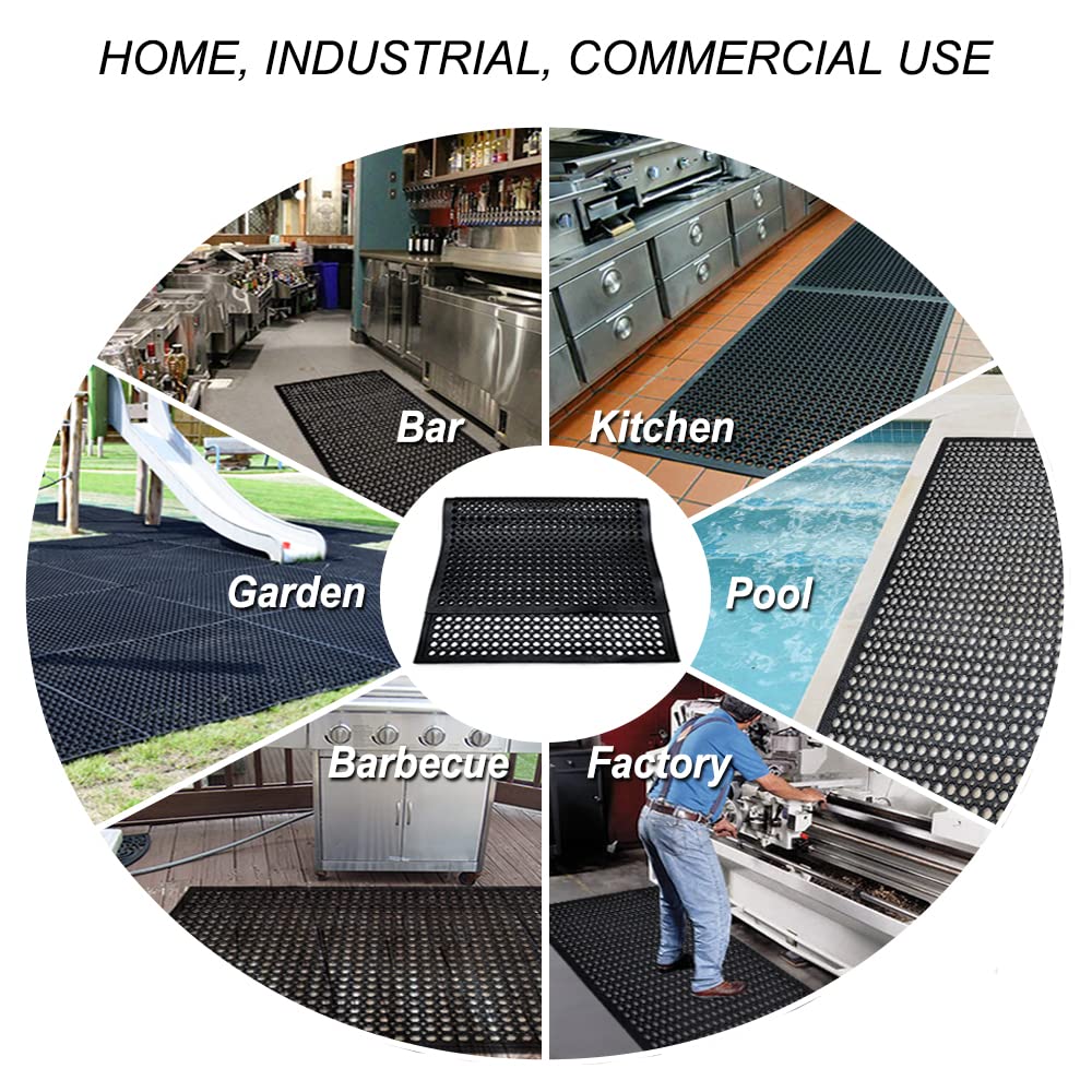 Anti-Fatigue Rubber Floor Mat - NANBOWANG Commercial Grade Grease Resistant Non-Slip Recycle Tyre Floor Mats for Restaurant Kitchen Bar Garden Outdoor Wet Area (36"x 60") Black