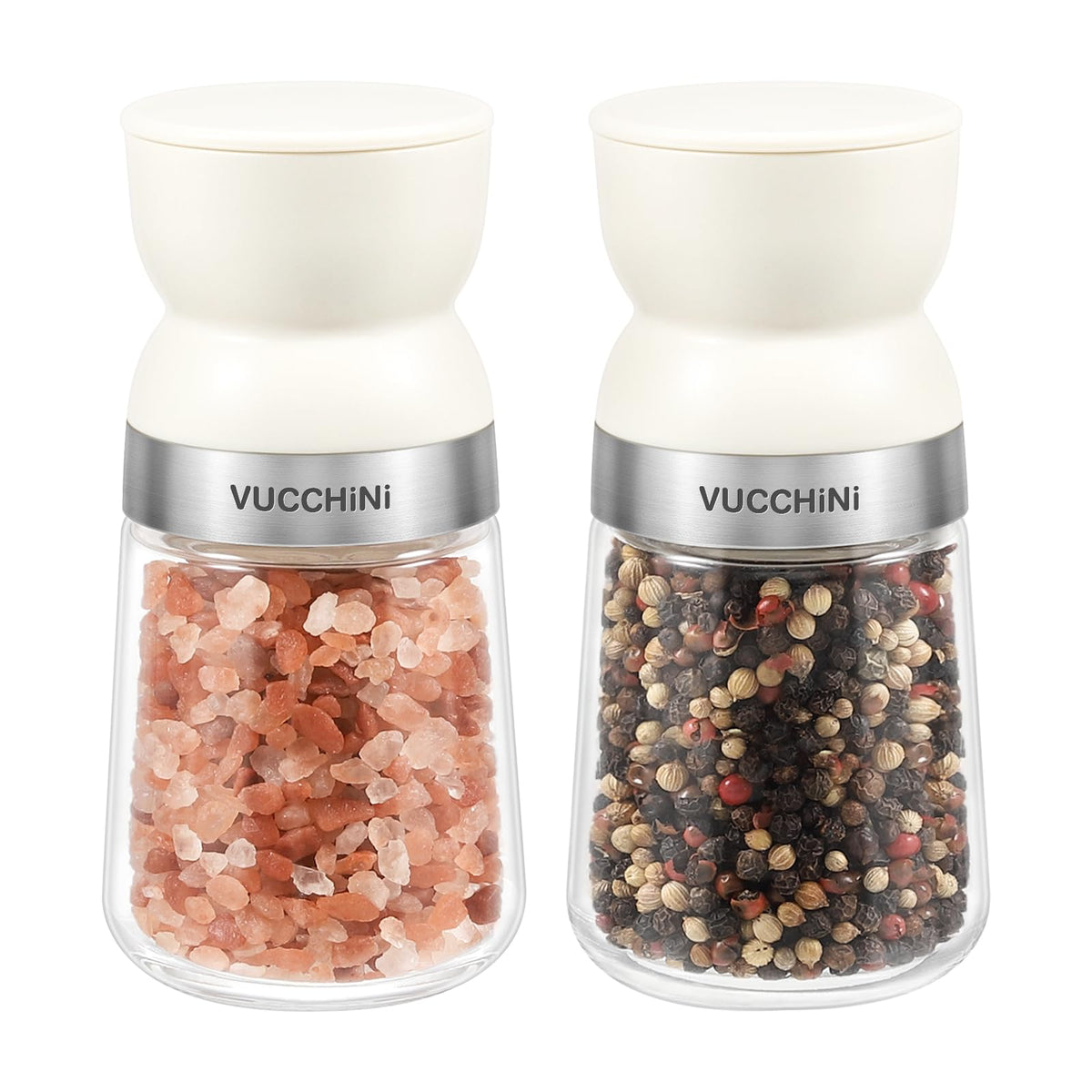 Vucchini Salt and Pepper Grinder Set with Adjustable Coarseness Ceramic Pepper Mill Manual Effortless Salt Grinder Spice Grinder for Home, Kitchen, Beige