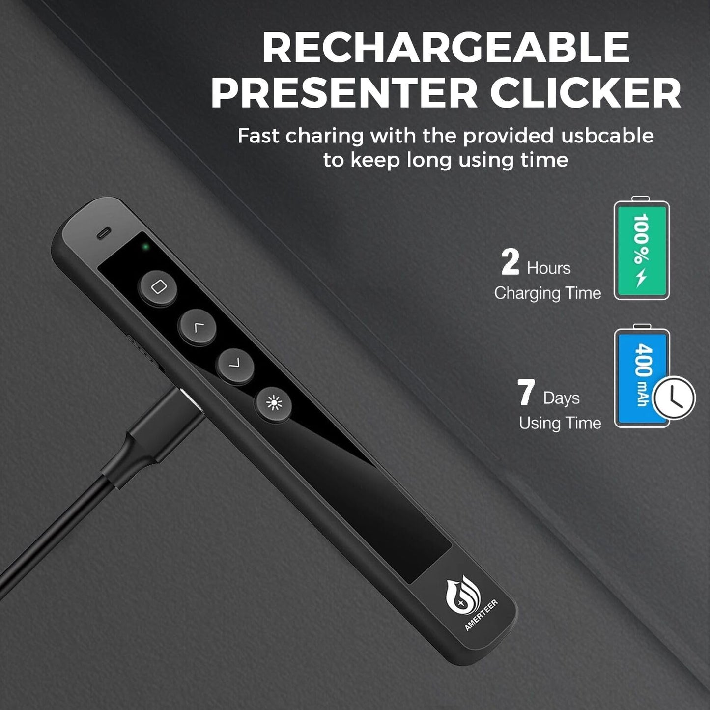 AMERTEER Wireless Presenter Remote – Presentation Clicker with 2.4GHz RF Hyperlink & Volume Control, Built-in Rechargeable Battery, Compatible with Keynote, PowerPoint, Mac, PC, and Laptops
