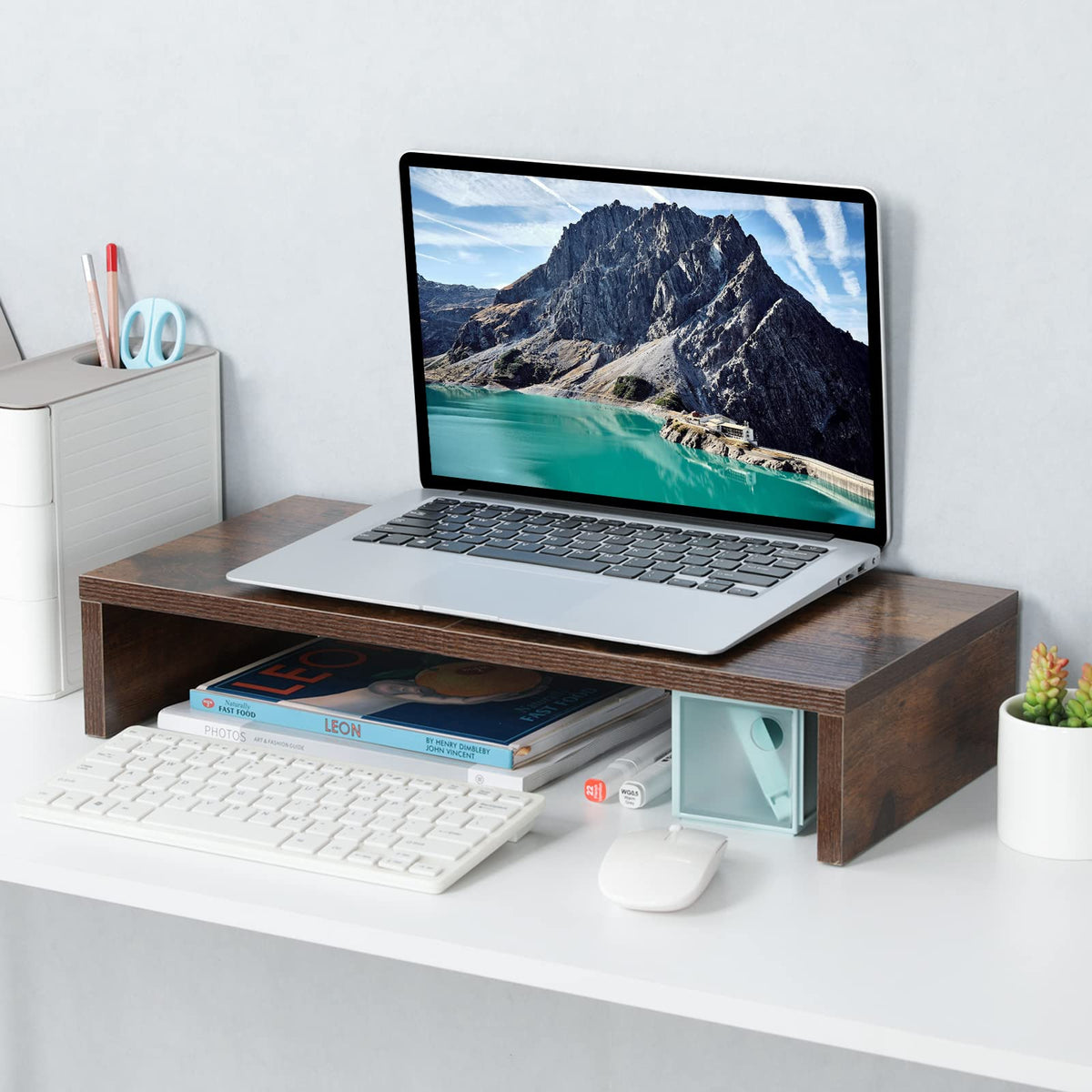 TEAMIX 20 Inch Monitor Stand Riser, Wooden Desktop Riser for TV/PC/Laptop/Printer, Rustic Brown Monitor Riser with Storage, Computer Stand Keyboard Organizer