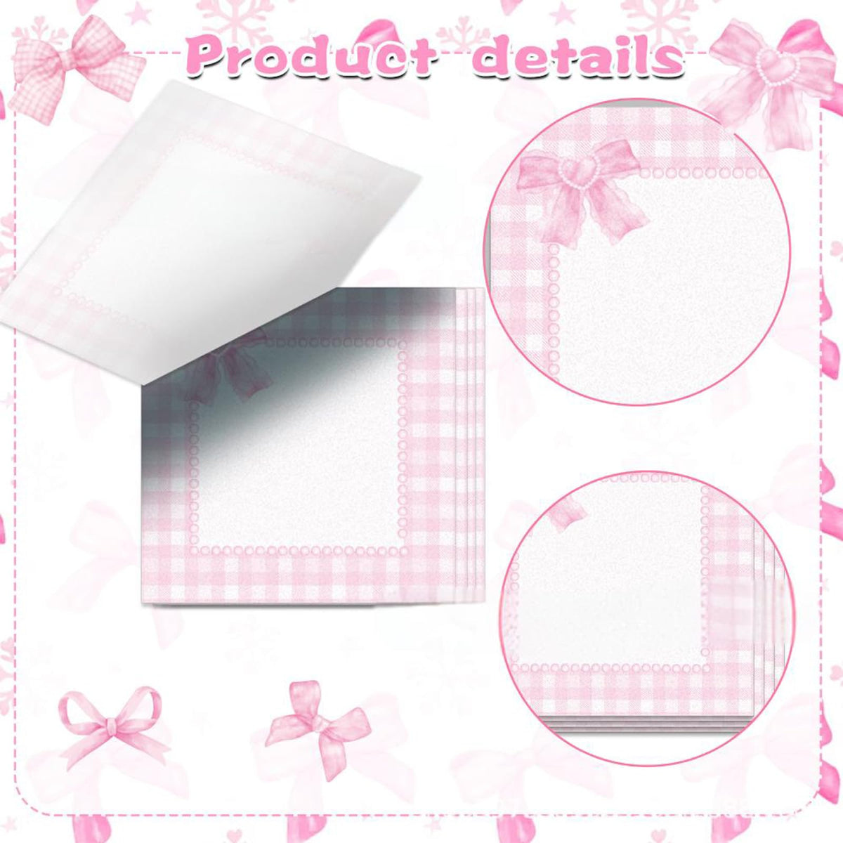 Cute Sticky Notes 3x3 Pink Bow Sticky Note Pads Aesthetic Coquette Bows Note Pad Self-Stick Ribbon Bowknot Stickey Notes Memo Pad Stationery Study School Essentials Desk Office Teacher Supplies