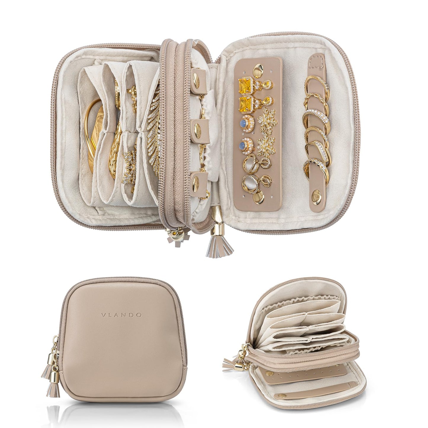 VLANDO Travel Jewelry Case,2-Layer Jewelry Organizer for Travel,Mothers Day Mom Gifts,Multi-Compartment Jewelry Storage for Rings Earrings Necklaces Bracelets-Toffee