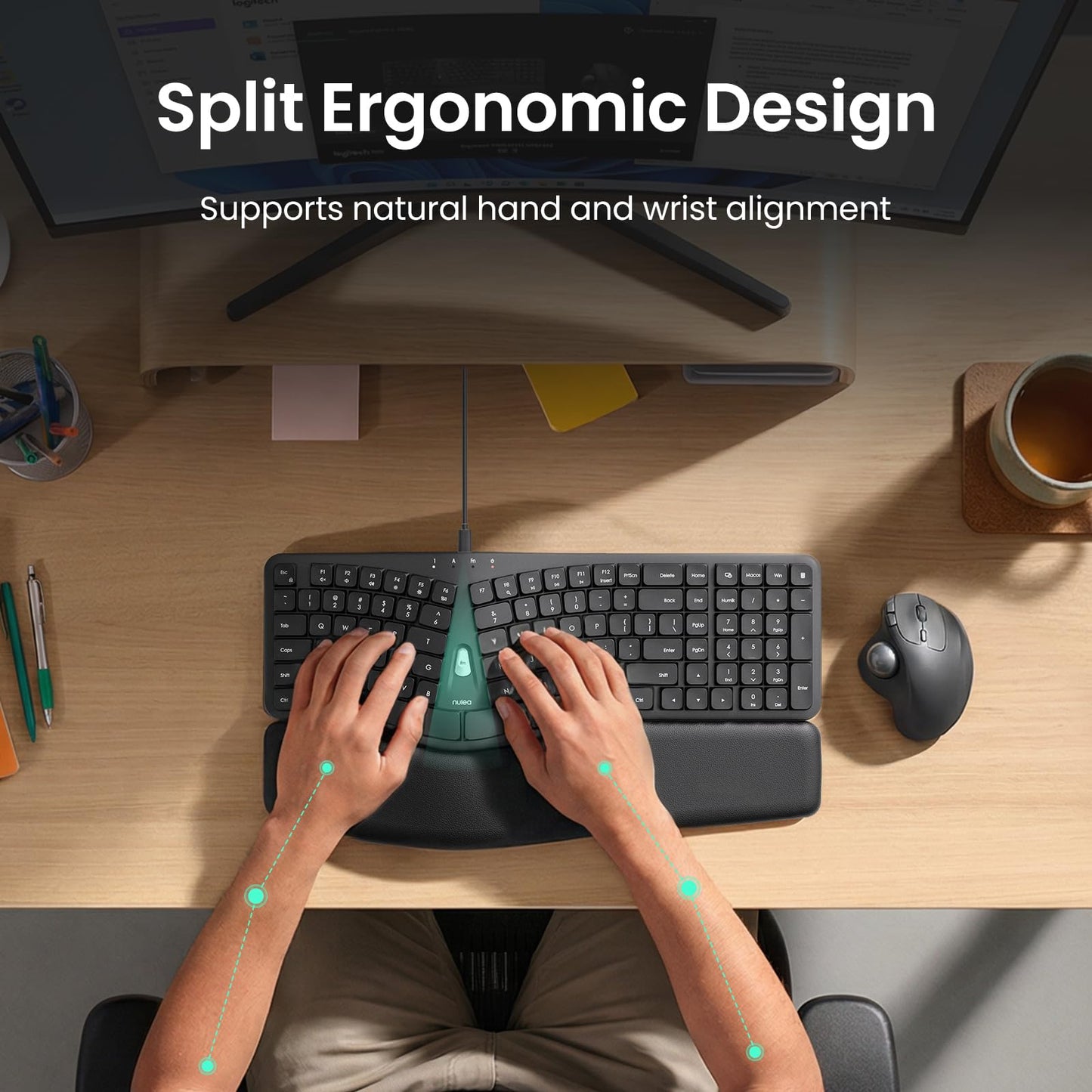 Nulea Ergonomic Split Keyboard, Wired Natural Typing Keyboard with Integrated Palm Rest for Wrist Pain Relief, 2-in-1 Type C&Type A Plug for Mac,Windows,Office & Home,Black