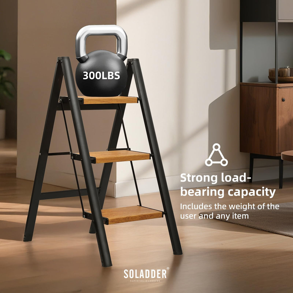 SOLADDER 3 Step Ladder, Anti-Slip and Lightweight Foldable Step Stool for Adults & Kids to Use in Kitchen, Closet and Library, 300lbs(Black&Woodgrain)