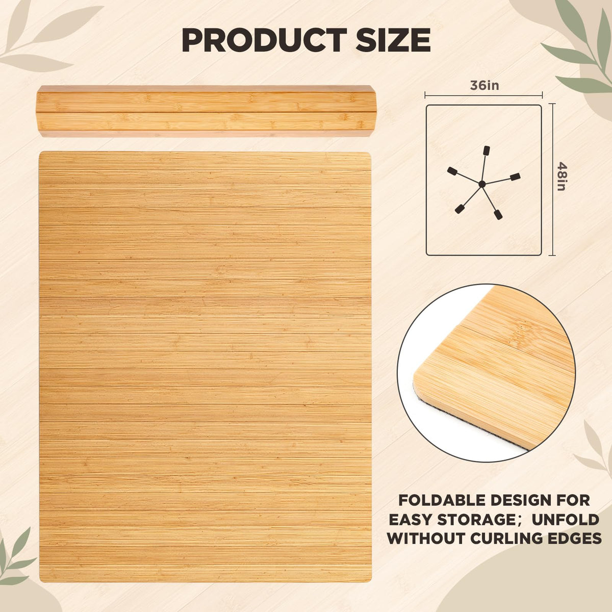 Leinuosen 36" x 48" Office Bamboo Chairmat for Carpet Floor Mat Highly Premium Quality Anti-Slip Office & Home Floor Protector Low Pile Carpet Chair Mat, 5mm Thick(Without Lip,Wood)