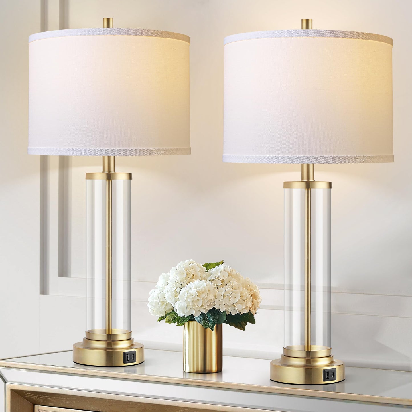 QiMH Lamps for Bedrooms Set of 2, Touch Control Table Lamps with USB A+C Ports, 3-Way Dimmable Bedside Lamp with Fabric Lampshade, Modern Nightstand Lamp for Living Room Bedroom (LED Bulbs Included)