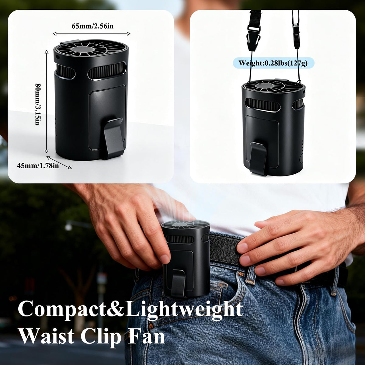 BIRDDIE 2026 Portable Waist & Neck Fan - Rechargeable 4-Speed Quiet Clip On Personal Cooling Device for Camping, Construction, Outdoor (Black)