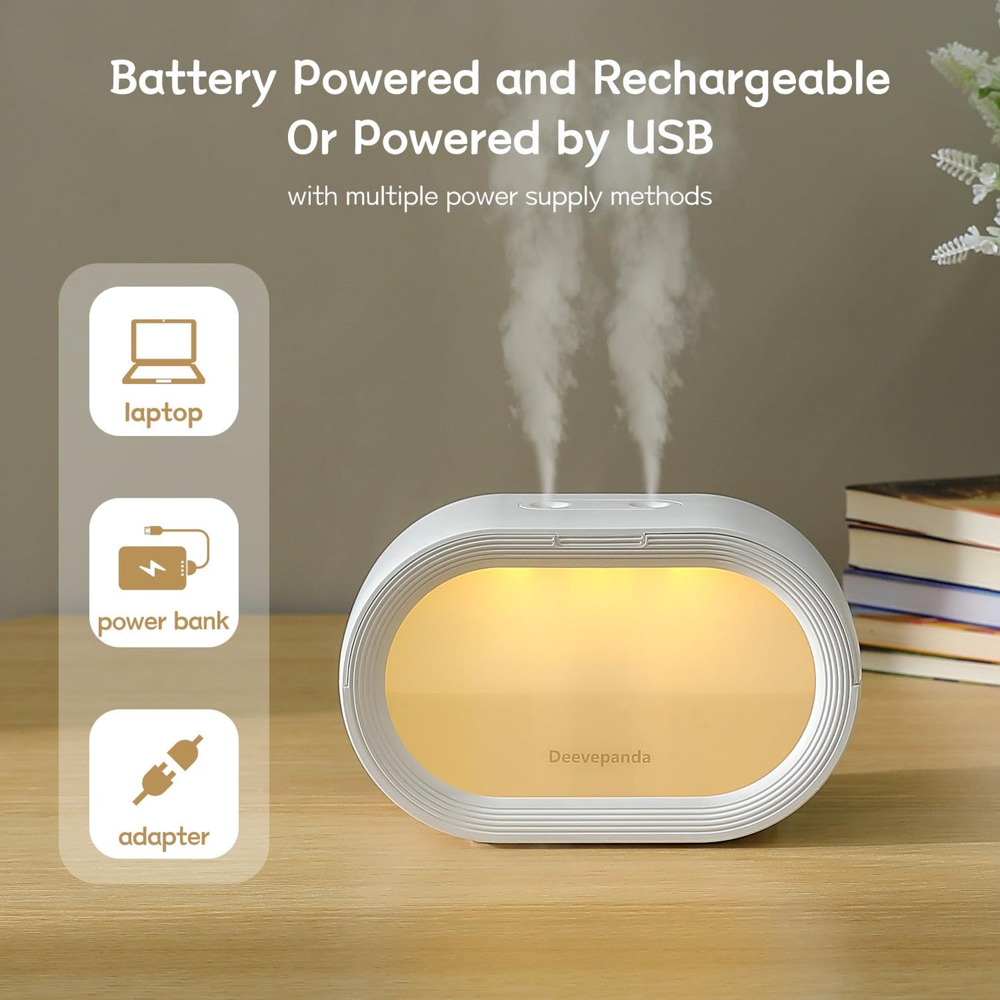 Deevepanda Small Dual Cool Mist Humidifier for Bedroom, 500ml Mini Plant Humidifier Indoor, Rechargeable Battery Powered Portable Desk Baby Humidifier for Kids Room Home Baby Nursery, Office, White