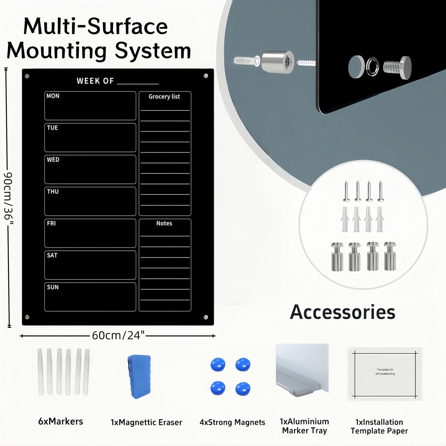 24" x 36" Magnetic Weekly Glass Planner Whiteboard Frameless Black Dry Erase Calendar for Office or Home Kitchen - Premium Tempered Glass, Vertical Wall-Mounted (6 Markers Included)