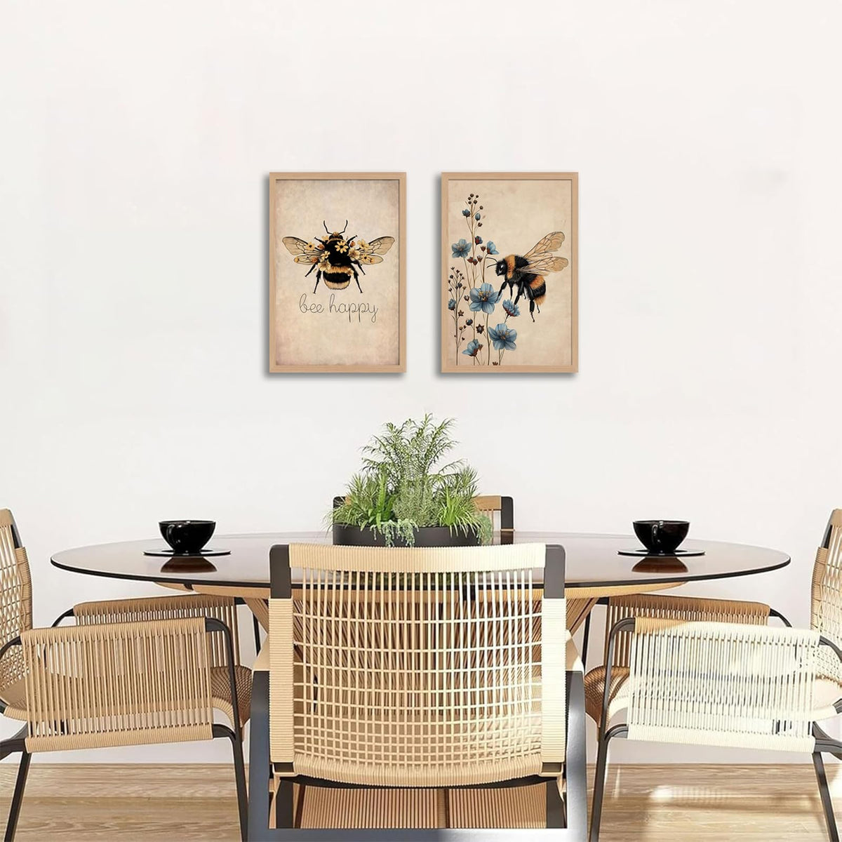 CVXHKH 2Pcs Bee Happy Framed Bumblebee and Flower Canvas Wall Art, Bee Lover Gift Rustic Nature Artwork Inspirational Botanical Picture, Cute Insect Artwork for Living Room, Bedroom, Office 12x16in