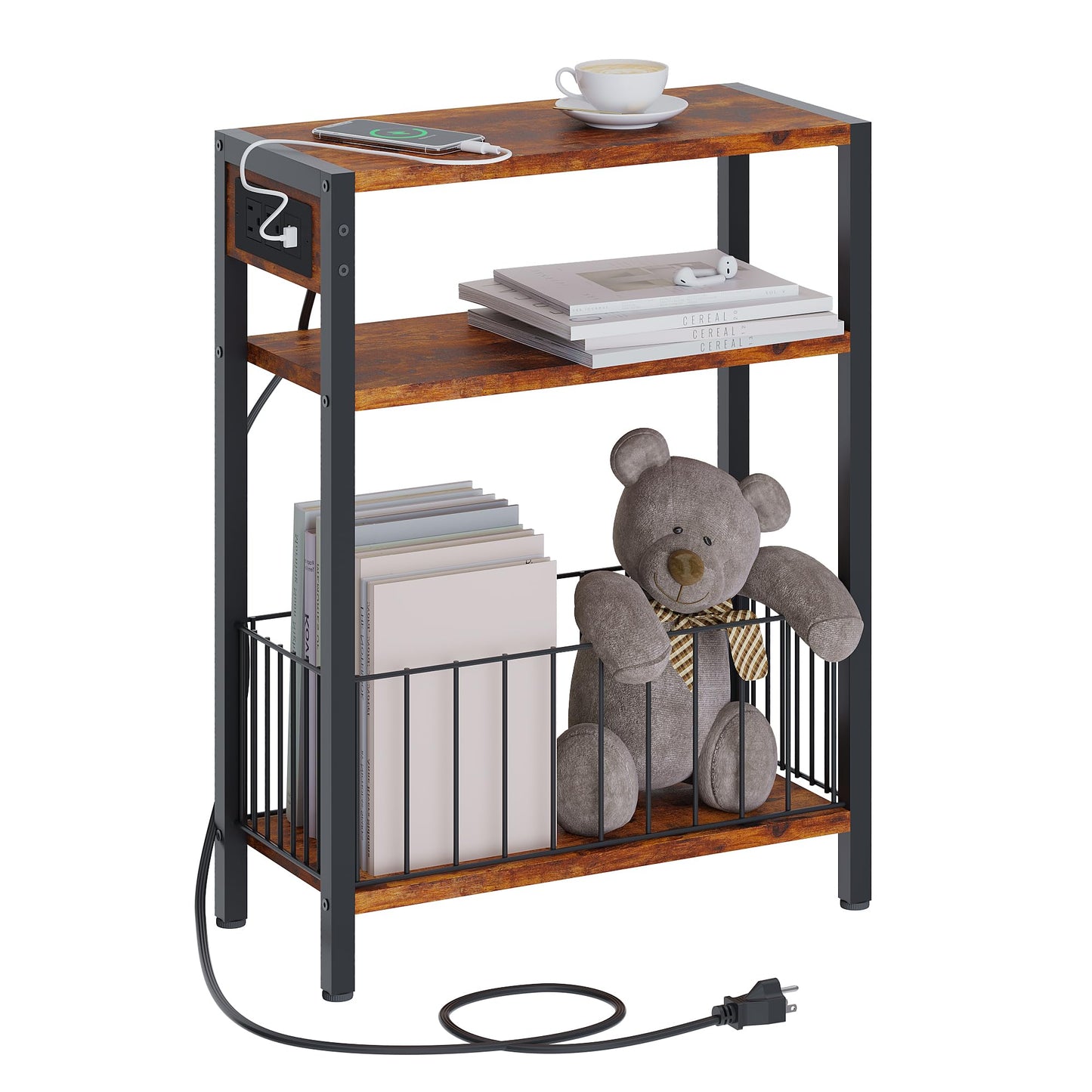 TRIFEBLE Narrow Side Table with Charging Station, Small End Table for Small Spaces, Slim Nightstand with Storage Basket, 3 Tier Skinny Bedside Table for Living Room, Bedroom, Rustic Brown