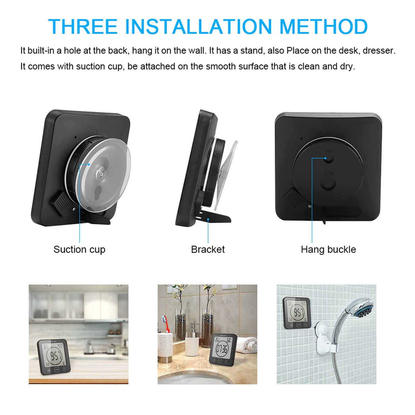 Digital Bathroom Shower LCD Wall Clock with Suction, Waterproof Temperature Humidity Gauge, Touch Screen Timer, Large Countdown Timer (Black)