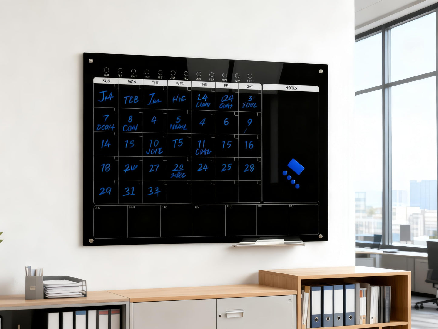48" x 36" Magnetic Black Glass Calendar 3-in-1 Monthly & Weekly Planner - Frameless Premium Tempered Dry Erase Board for Office or Home Kitchen (Includes 6 Markers)