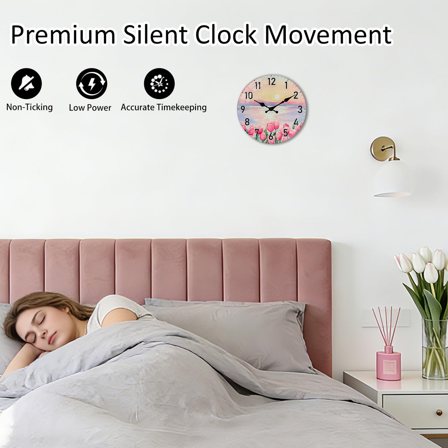 TGHHPC 12-Inch Spring Tulip Sunset Wall Clock, Silent Non-Ticking Battery Clock with Premium Glass Silent Movement Large Number Clocks for Romantic Bedroom Relaxing Living Room Office Kitchen Hotel