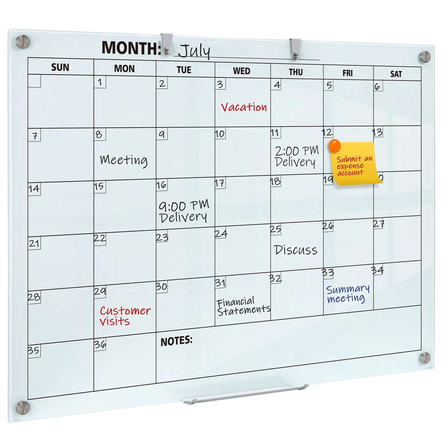 Glass Dry Erase Calendar for Wall, 48 x 36 Inches Magnetic Glass Monthly Calendar Whiteboard, 4' x 3' Frameless Planner Board for Office, Home, School
