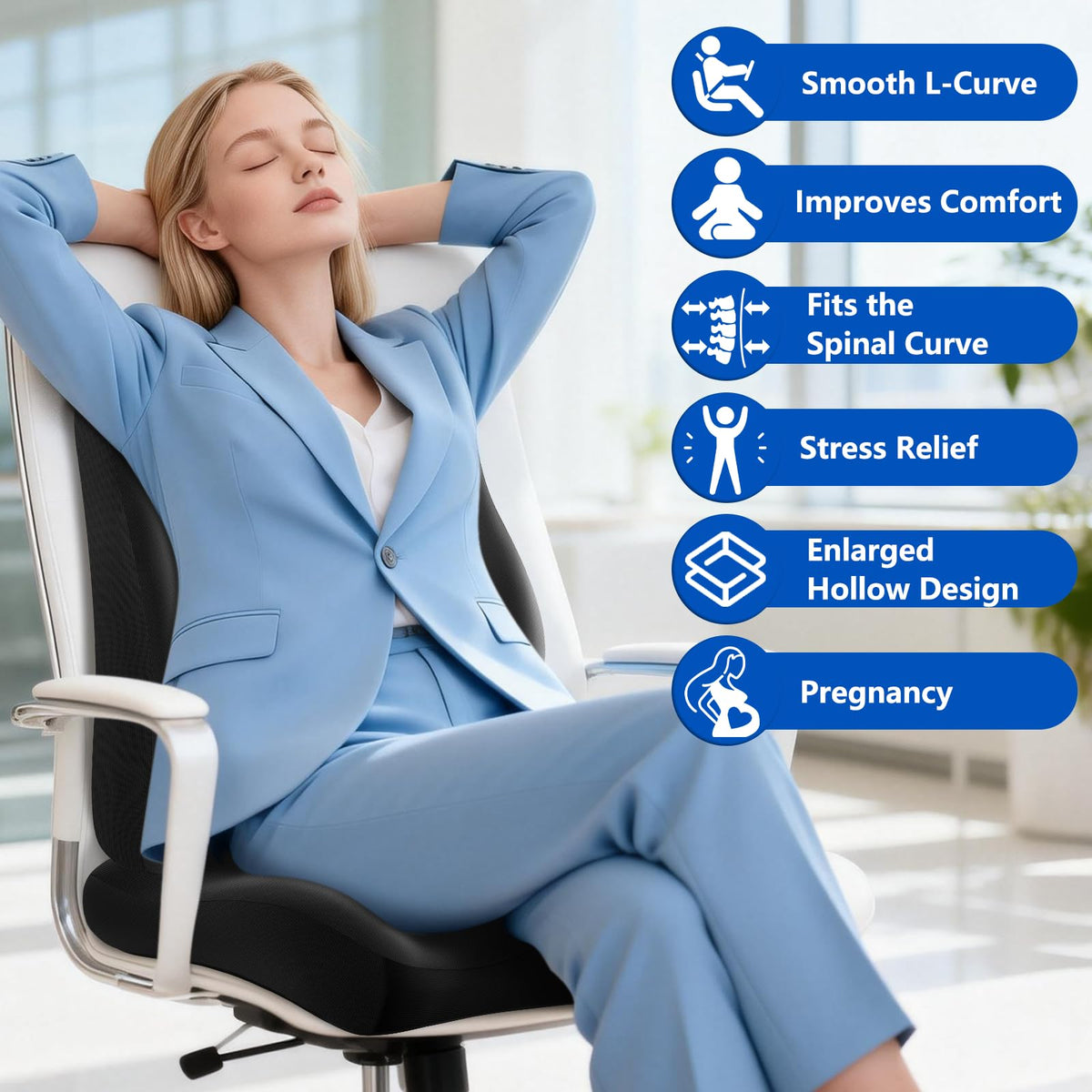 JIPORIER Lumbar Support Pillow for Office Chair,Seat Cushion with Back Support,Office Chair Cushion for Tailbone Pain,Sciatica and Hemorrhoid Relief (Black)