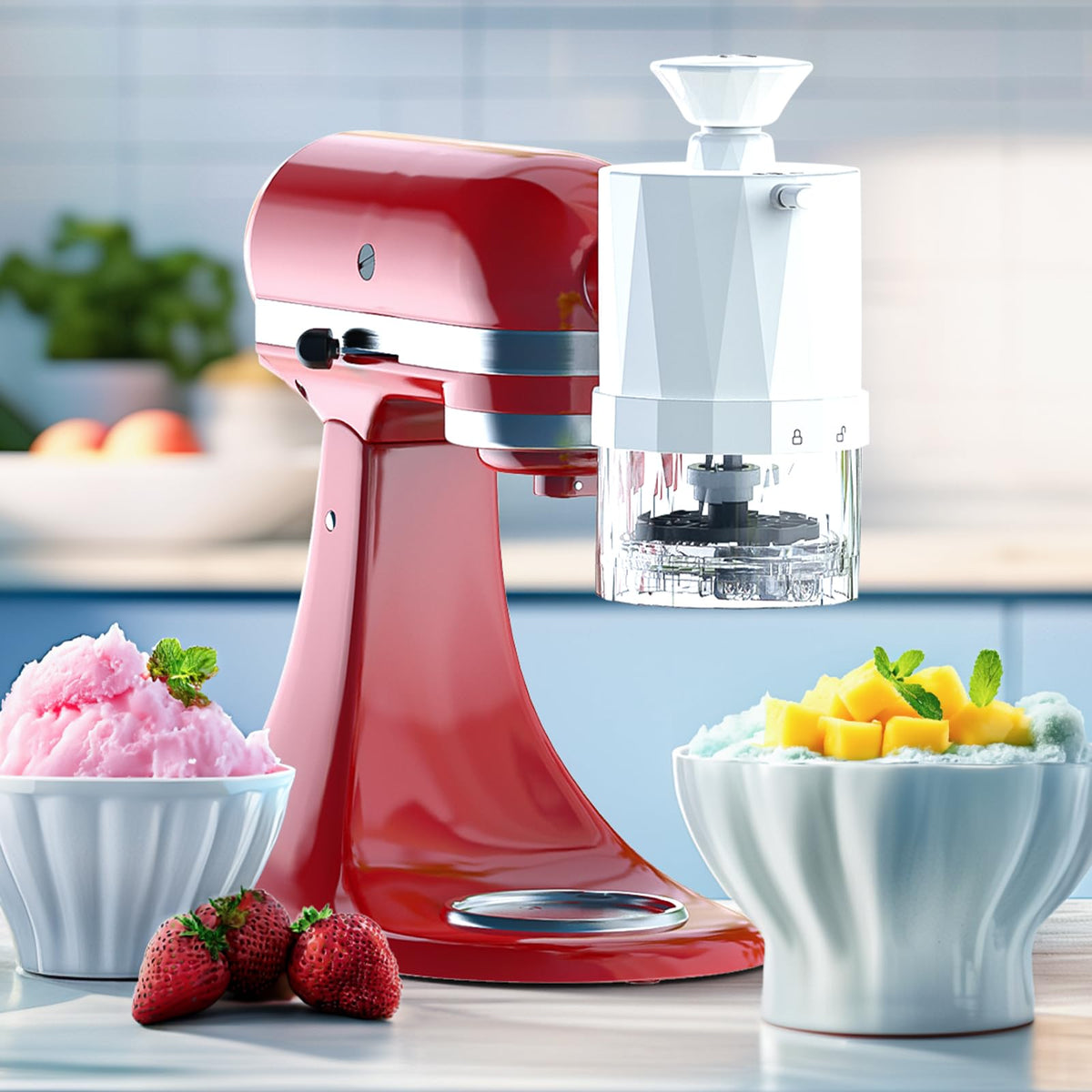 Shave Ice Attachment for Kitchenaid Stand Mixer, Shaved Ice Machine for Kitchen aid with Coarse and Fine Blades, 8 Ice Cube Molds, Snow Cone Maker