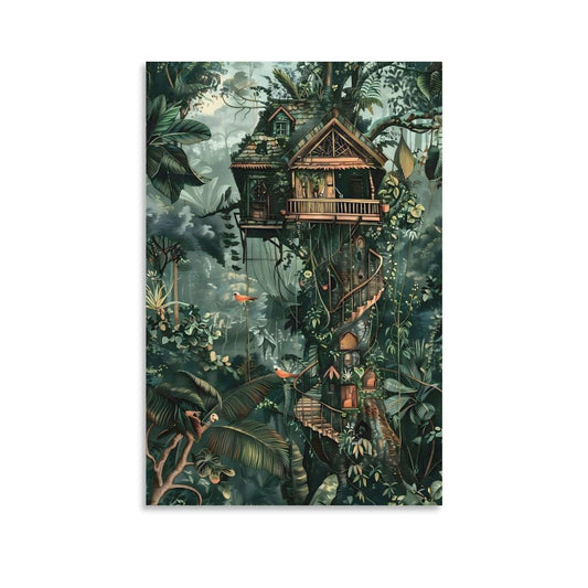 Henri Rousseau Jungle Treehouse Canvas Printing Wall Art Prints Wall Decor Posters Vintage Tropical Rainforest Landscape for Living Room Bedroom Office Scandinavian Style Decor 12x18inch(30x45cm)