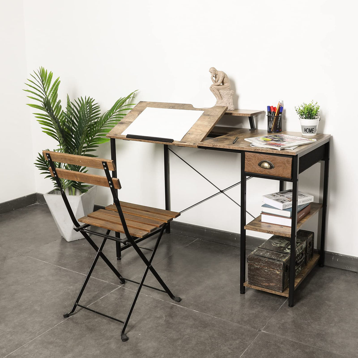 X-cosrack Drafting Table with Storage Shelves & Drawer, 43" Adjustable Art Desk with Monitor Stand for Home Office Computer, Tiltable Draft Drawing Table for Artist, Study, Writing Workstation