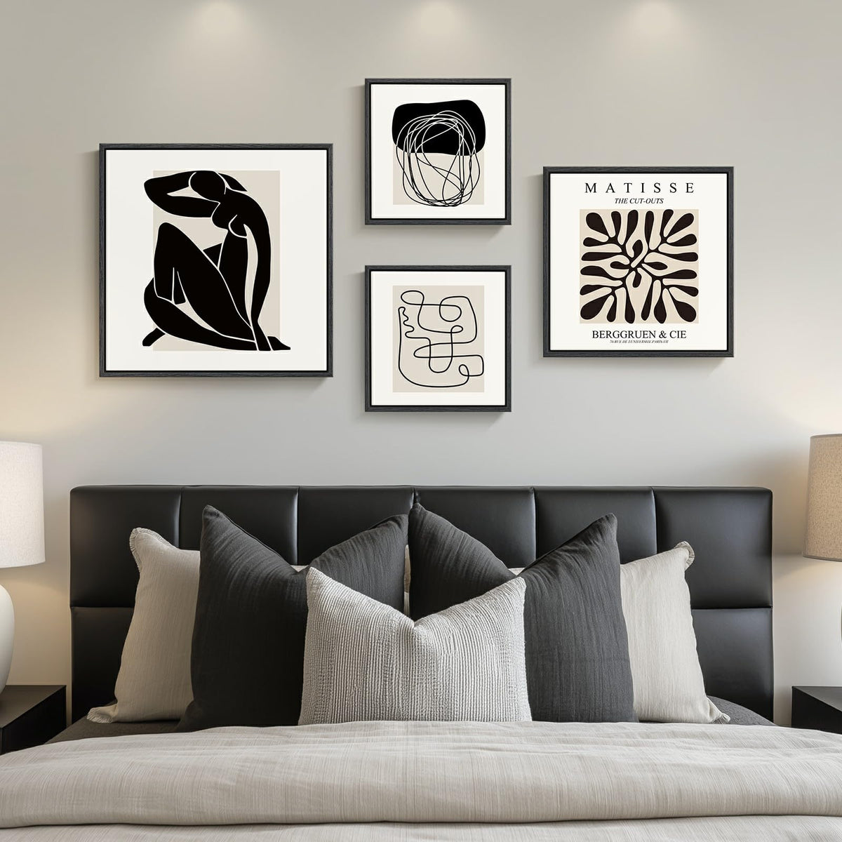 Framed Matisse Abstract Wall Art for Living Room, Set of 4 Piece Black and White Modern Canvas Artworks, Mid Century Neutral Beige Minimalist Painting Prints for Bedroom Hallway Office Wall Decor