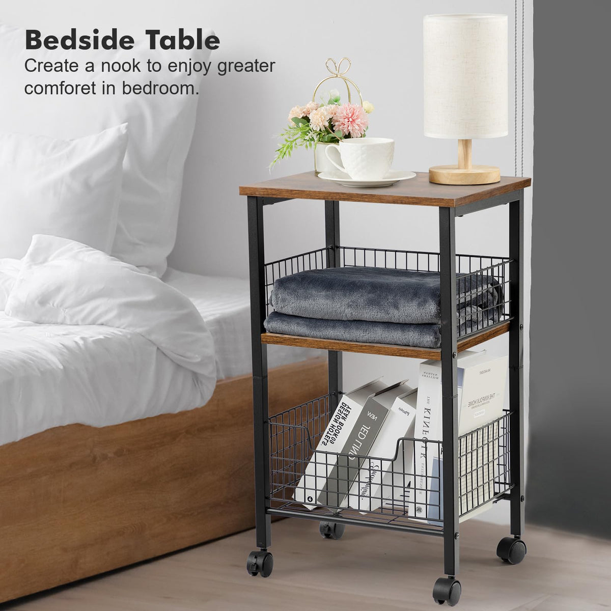 Hadulcet Small End Table, 3-Tier Side Table with Storage Basket, Industrial Style Side End Table for Living Room Bedroom Kitchen Bathroom, Rustic Brown