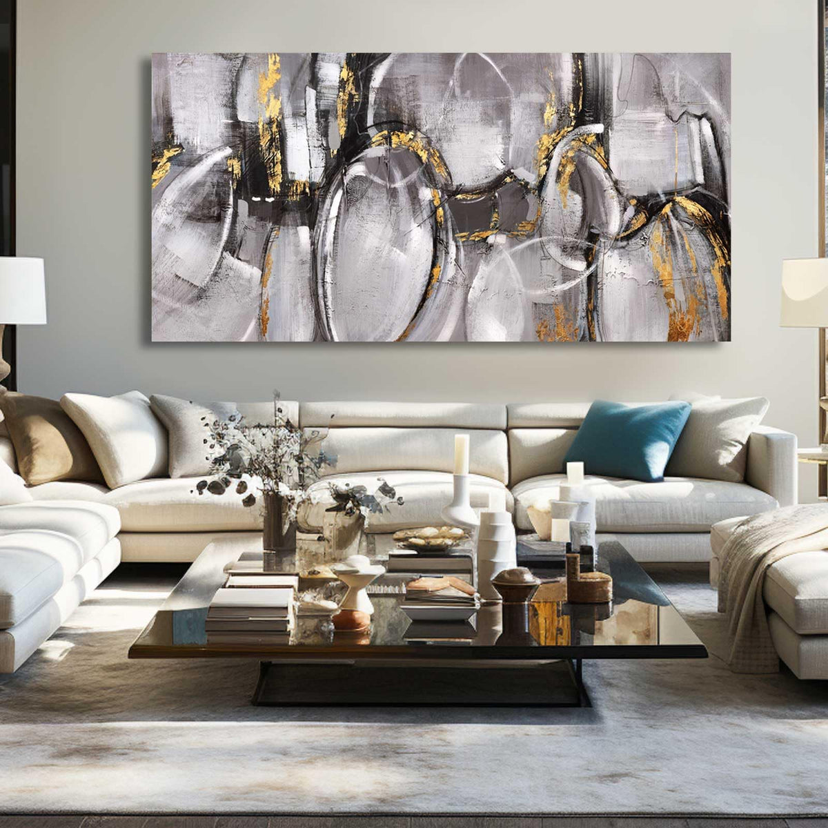 XIANSHOU Black and Grey Painting Pictures Abstract Wall Decor for Office 29"x 58" Modern Artwork Gold Foil Wall Art for Living Room Dining Room Bedroom