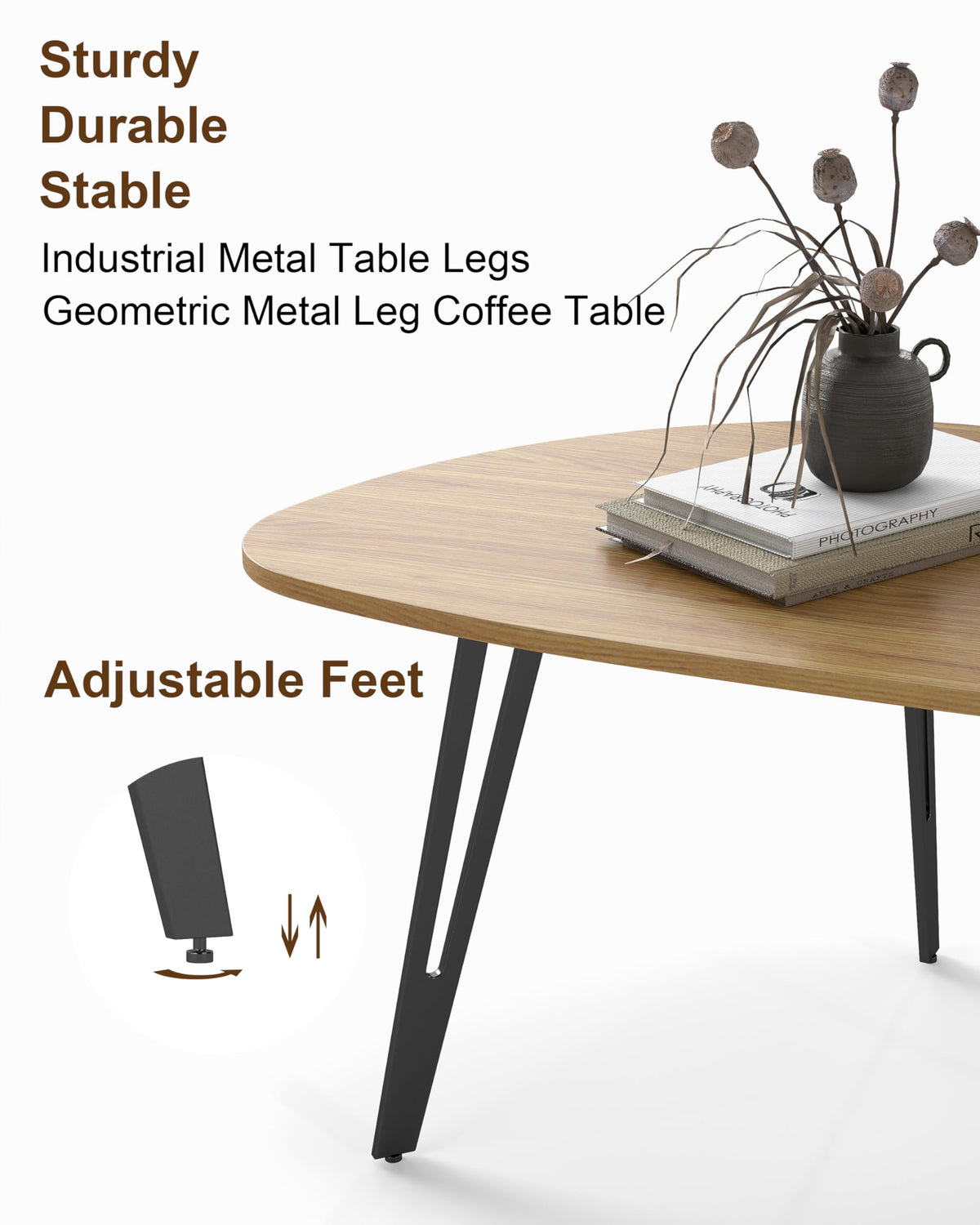 Manora Modern Mid Century Coffee Table, Oval Triangle Wood Center Table with Sturdy Metal Legs, Stylish Living Room Accent Table for Small Spaces