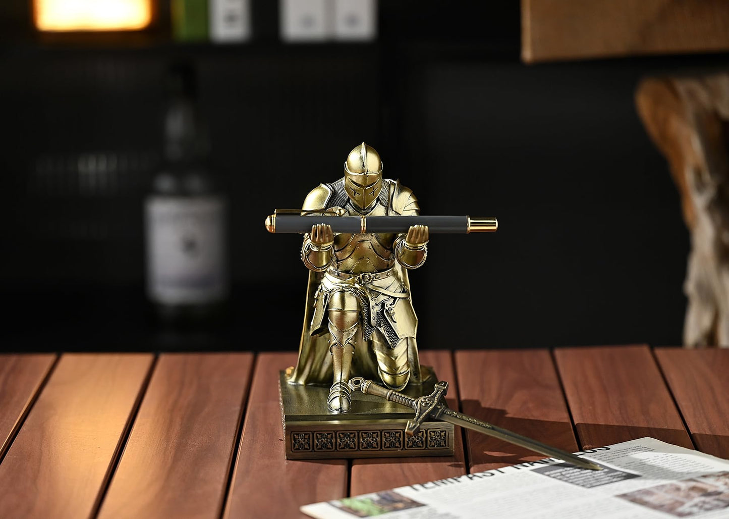 Amoysanli Medieval Armored Warrior Wearing Outerwear, Mobile Phone Stand Knight Pen Holder Desk Organizers, Resin Bookends Paperweight with a Letter Opener for Desk (Bronze)