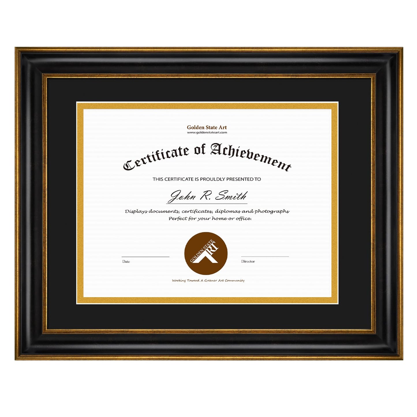 Golden State Art, 11x14 Vintage Antique Style Black Document Frame for 8.5x11 Diploma/Certificate, Sawtooth Hangers for Wall Mounting With Real Glass, Gold Trim (Black/Gold Double Mat)