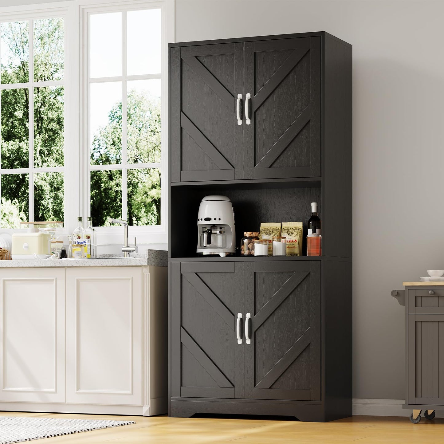 IDEALHOUSE 70" Kitchen Pantry Storage Cabinet, Farmhouse Kitchen Hutch Cabinet with 4 Doors & 2 Adjustable Shelves, Freestanding Cupboard with Microwave Stand for Dining Room,Living Room,Black