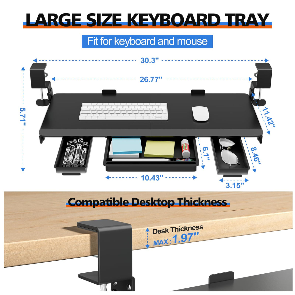 OUKMIC Large Height Adjustable Keyboard Tray with Sturdy C-Clamp Mount and Storage Drawer, 27"(31"Including Clamps) x 12" Slide Out Ergonomic Keyboard Trays for Home and Office, Black