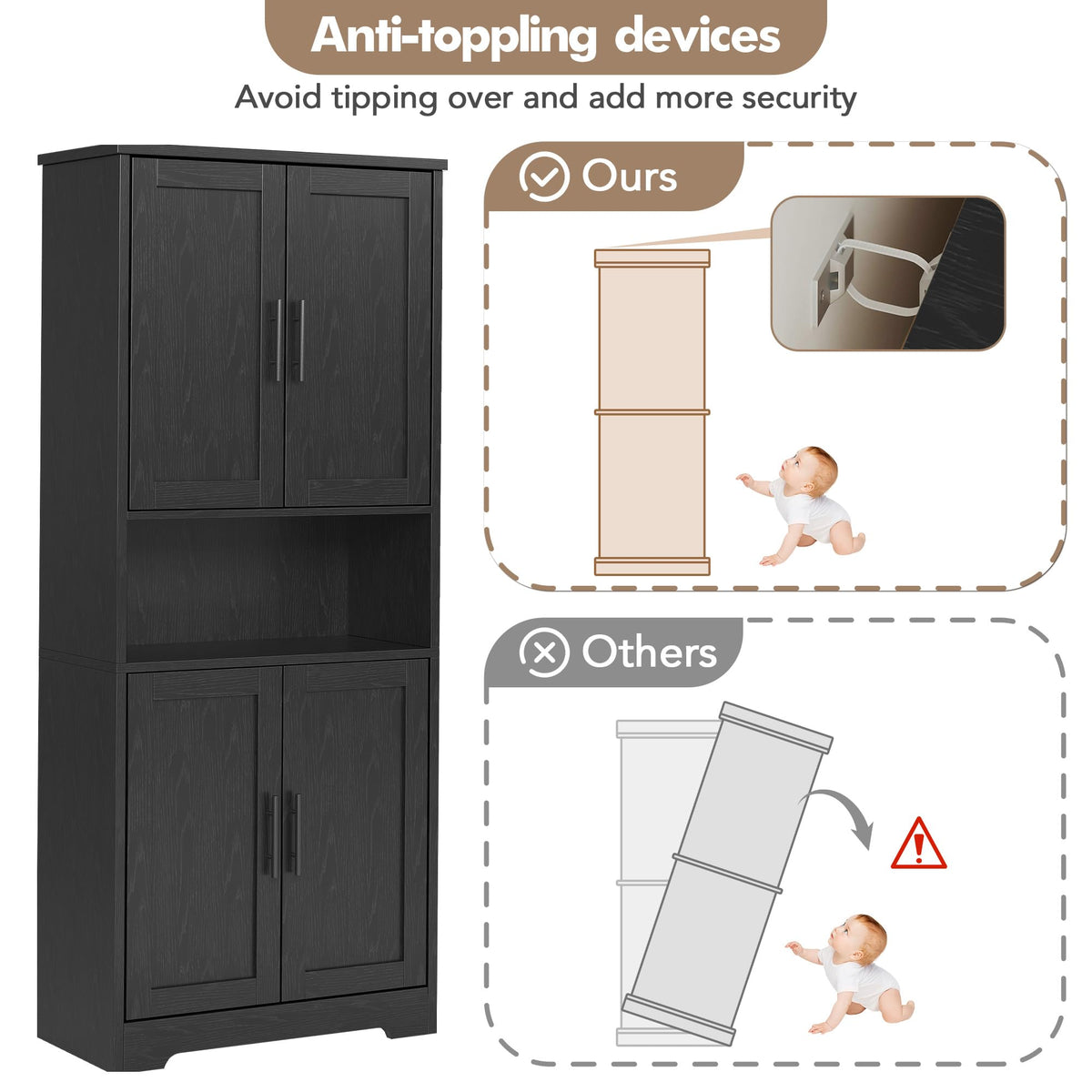 GarveeHome 70in Tall Kitchen Pantry Cabinet, Storage Cabinet with Doors and Adjustable Shelves, Freestanding Cupboard for Living Room, Dining Room, Bathroom, Black