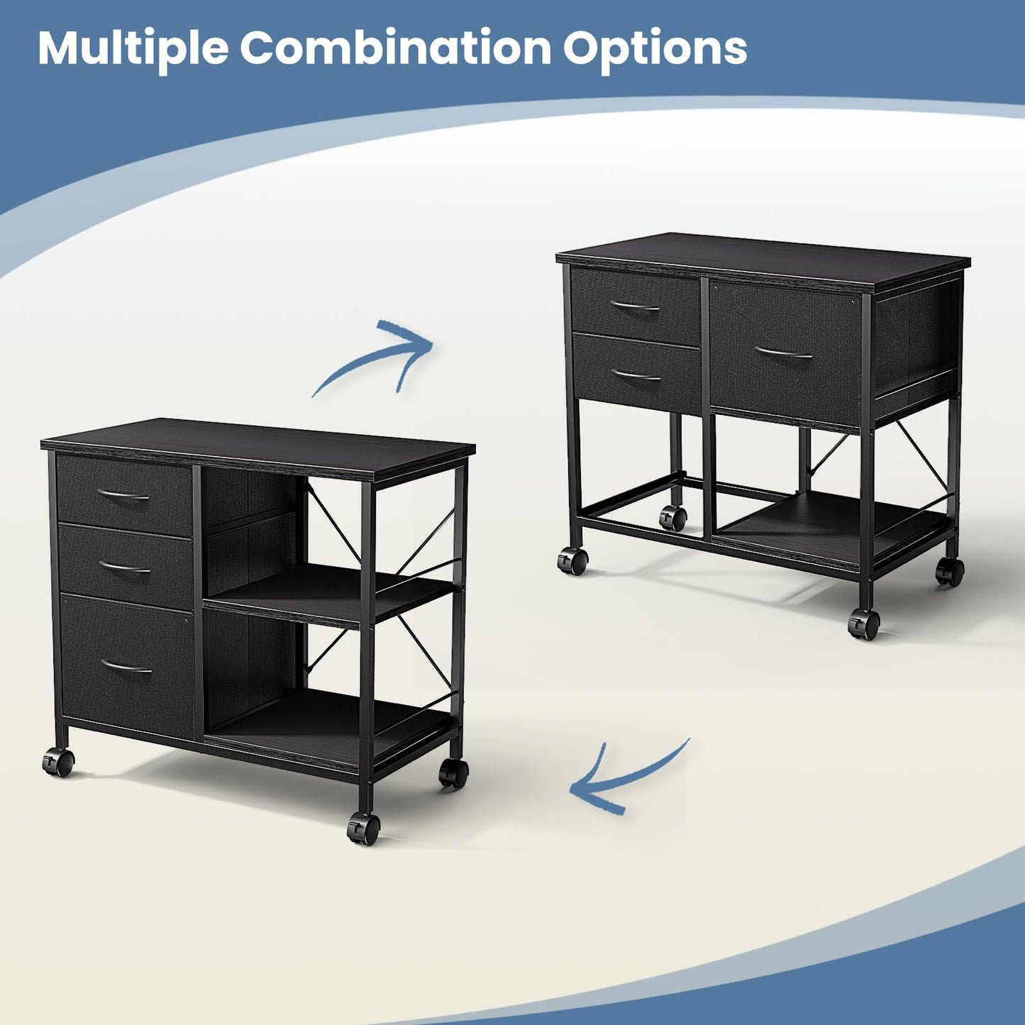 DUMOS 3-Tier Mobile File Cabinet, Printer Stand with Storage, Office Table with Drawers and Back Support Bar, Holds 110lb for Home Office, Rustic Black