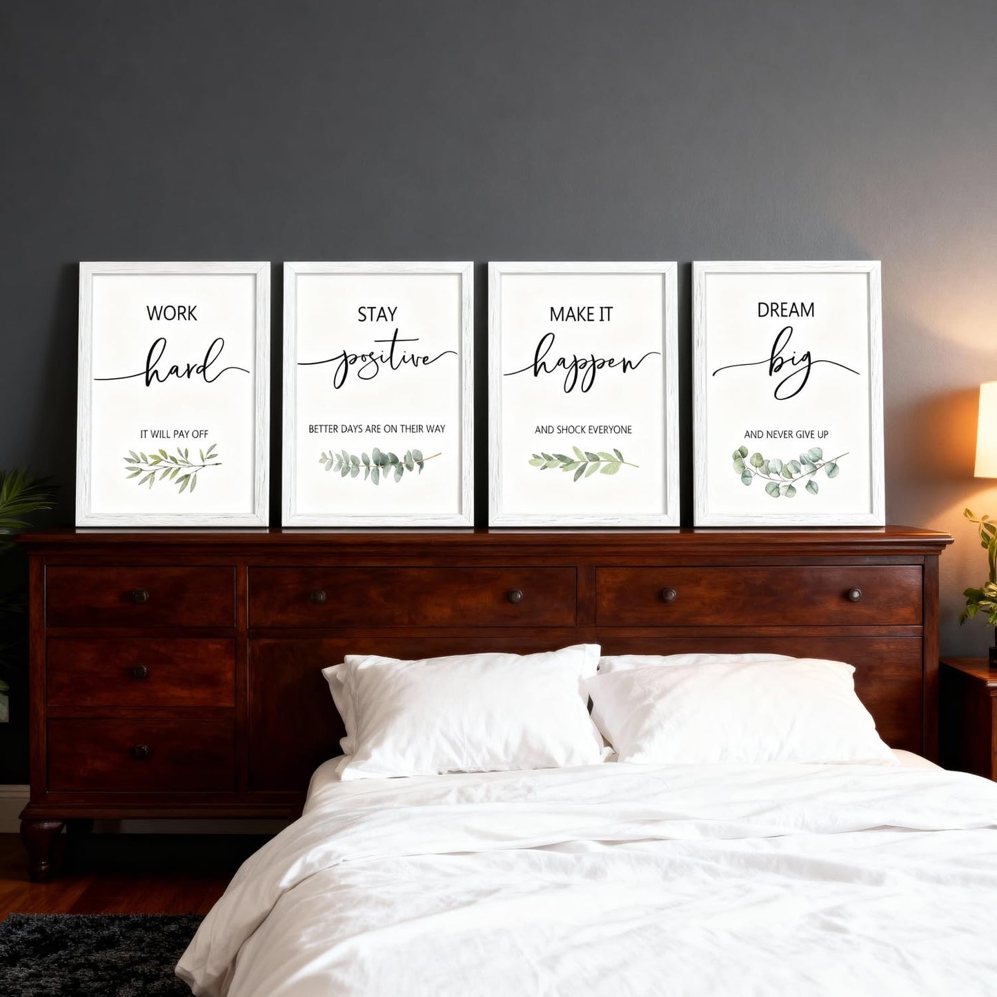Motivational Wall Art Set of 4, 16 x 11 Inch Framed Inspirational Quotes Prints, Wooden Frame Modern Home Decor for Bedroom, Office, Living Room