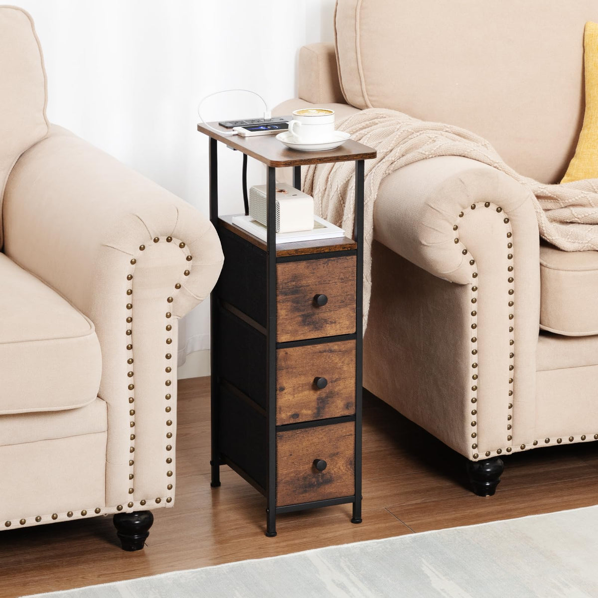 LOAKEKEL Narrow End Tables Living Room Set of 2 with Charging Station, Skinny Side Table with Fabric Drawers, Slim Nightstand for Bedroom, Small Spaces, Couch, Brown, HETNDP03BR