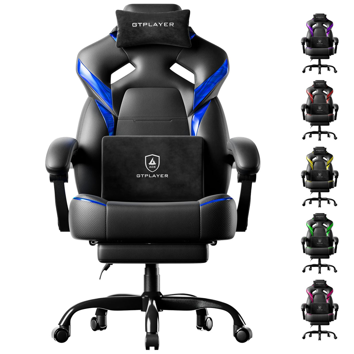 GTPLAYER Big and Tall Gaming Chair for Adults, Ergonomic Office Chair with Footrest, Heavy Duty 350 lbs Capacity, High Back, Premium Leather & Iridescent Trim, ACE-Armor, Black & Blue