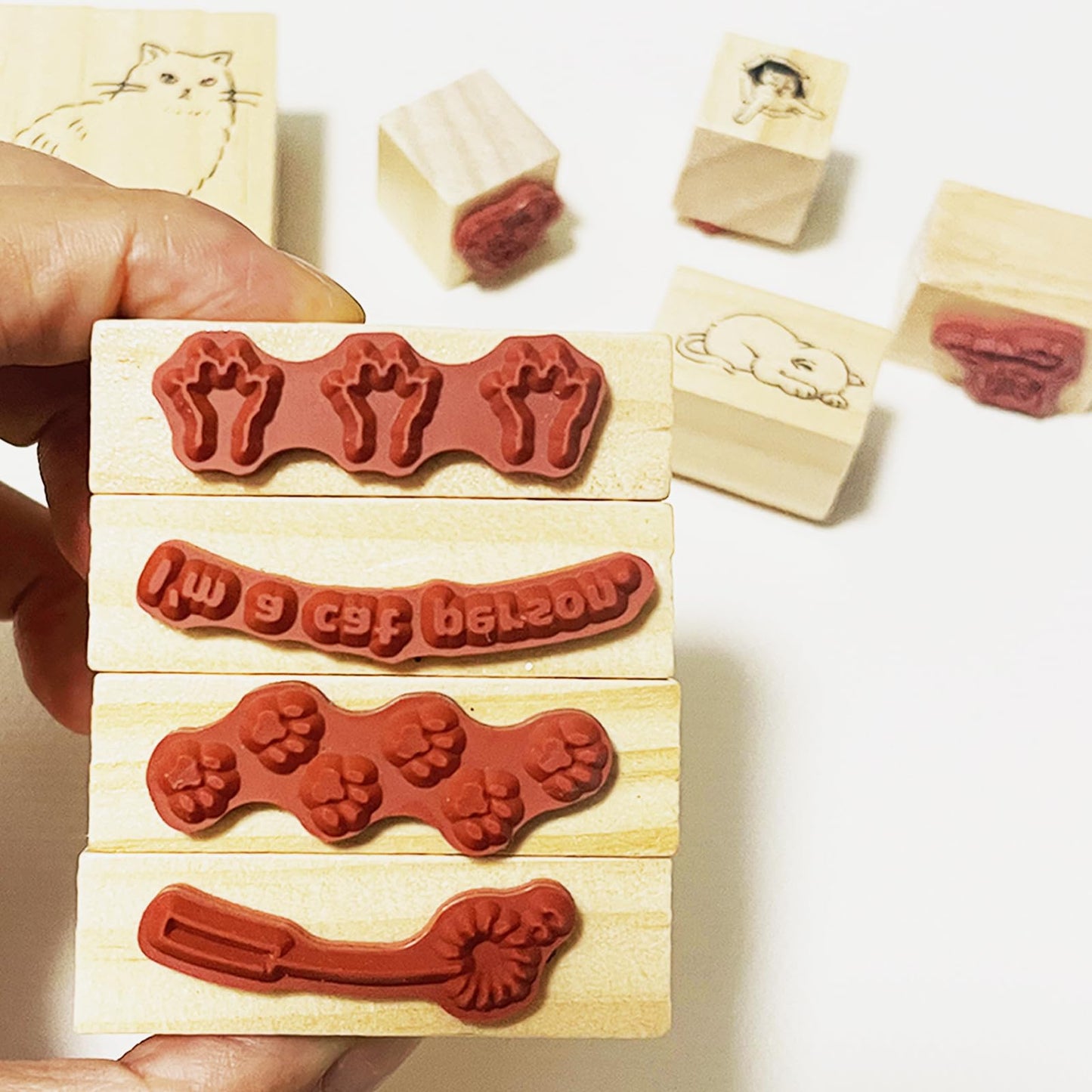 9 Pcs Cute Cat Rubber Stamp Set - Adorable Kitty Stamps with Paws, Paw Prints, Cat Toys, & Phrases - for DIY Art Journals, Scrapbooking, Card Making - Reusable Craft Stamps Gift for Crafters