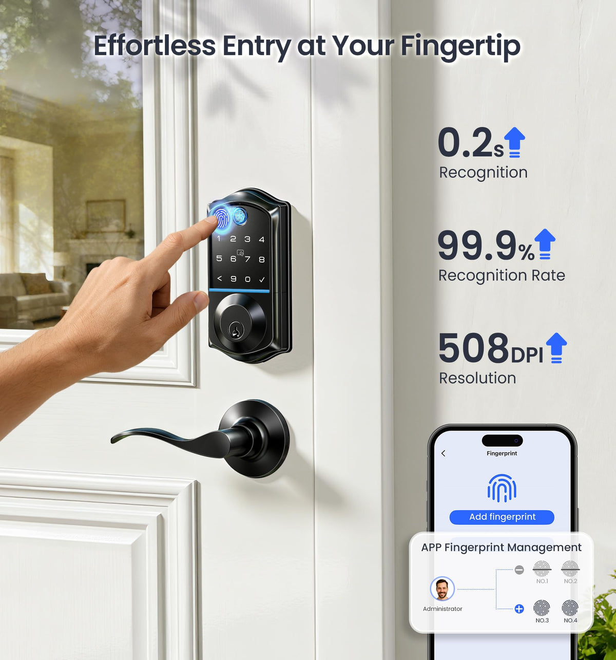 Veise VE017-L Fingerprint Smart Lock with Lever Handles, App Control, Keyless Entry Front Door Lock Set, Electronic Digital Keypad Deadbolt, Remote Grant, Emergency Power Port, Auto Lock, Matte Black