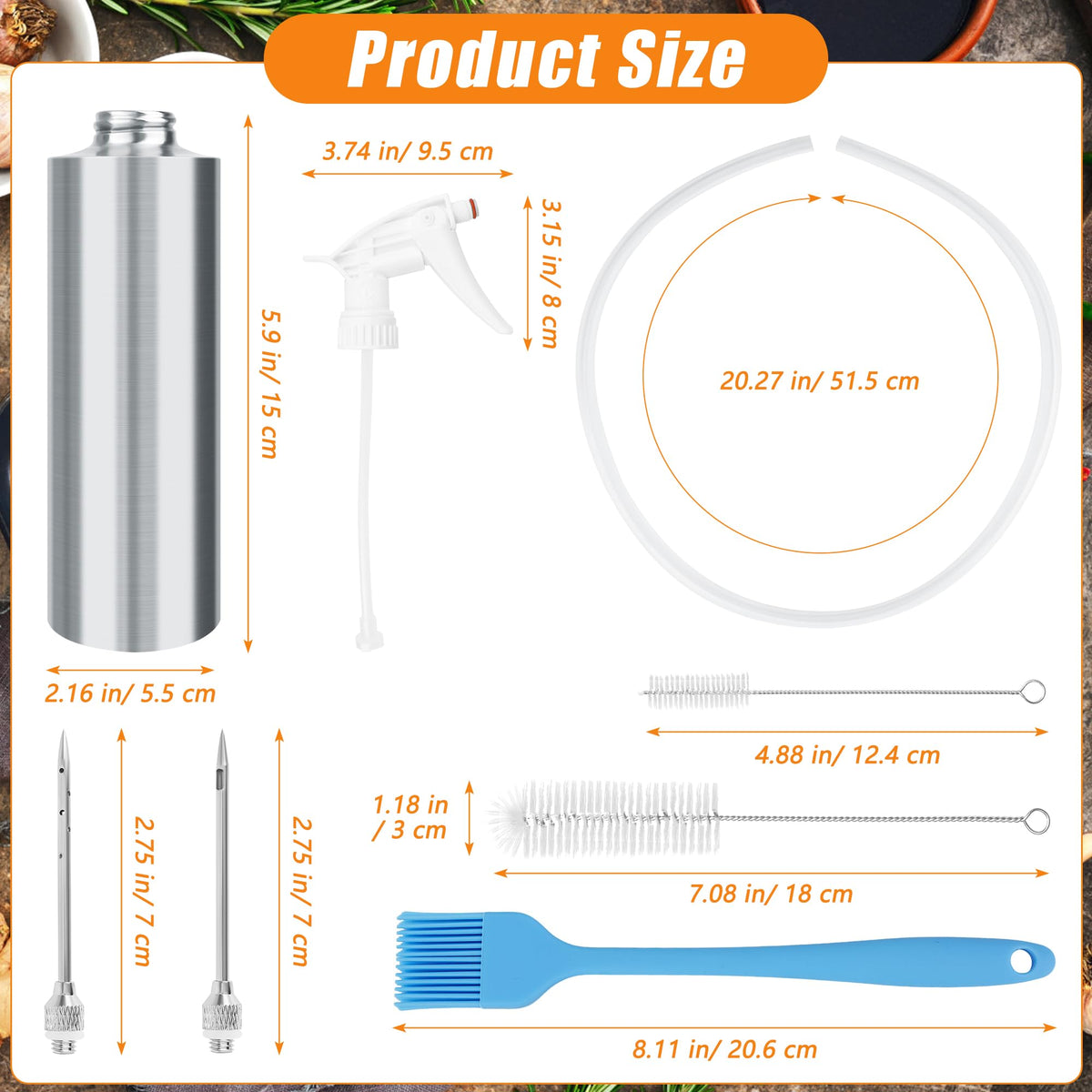 Anglekai Spray Bottle and Marinade Injector, Meat Injector Syringe with Stainless Steel Oil Spray Bottle/Marinade Needles/ 2 Brushes/Hose for Meat BBQ