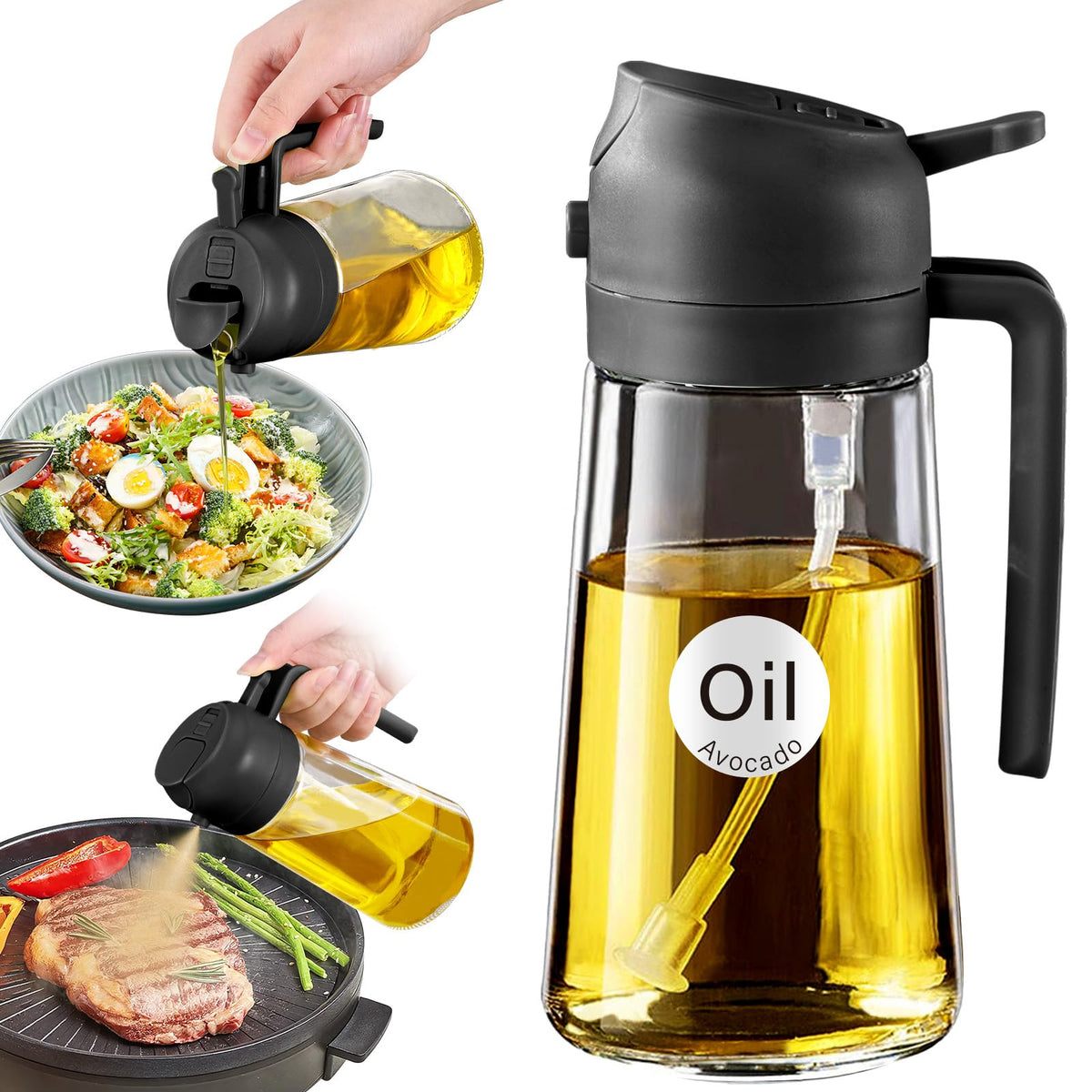 YARRAMATE 16oz/470ml Glass Olive Oil Sprayer for Cooking with Stickers, 2 in 1 Oil Dispenser for Kitchen Gadgets, Food Grade Premium Spray Bottle with Portion Control for Salad, Frying, BBQ (Black)