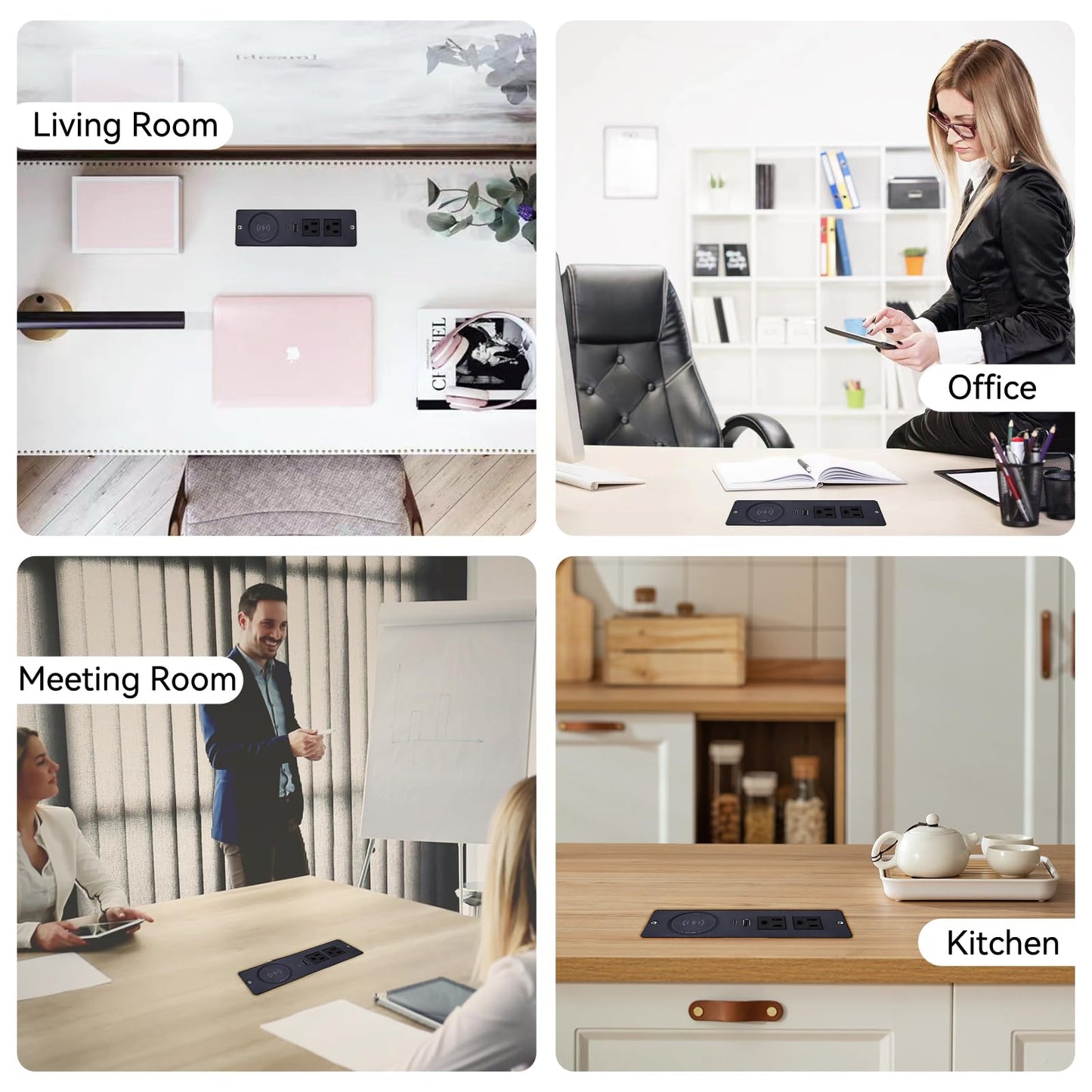 Recessed Power Strip with 15W Wireless Charger,Furniture Recessed Outlet with USB C Fast Charging,Desktop Charging Station & 2 Outlets,2 USB Ports Table Power Strip for Furniture, Home, Office.