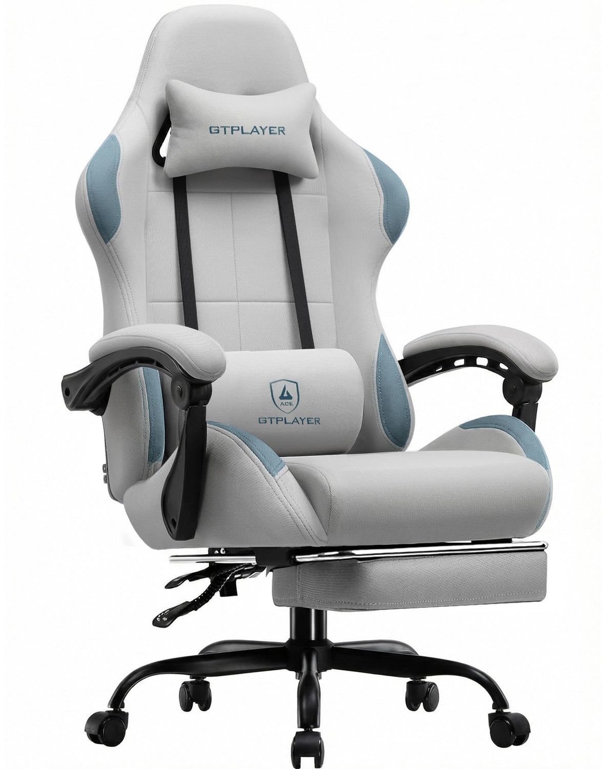 GTPLAYER Gaming Chair Fabric with Pocket Spring Cushion,Computer Office Chair with Lumbar Support for Adults Linkage Armrests and Footrest Ergonomic Gamings Chairs Height Adjustable Gray