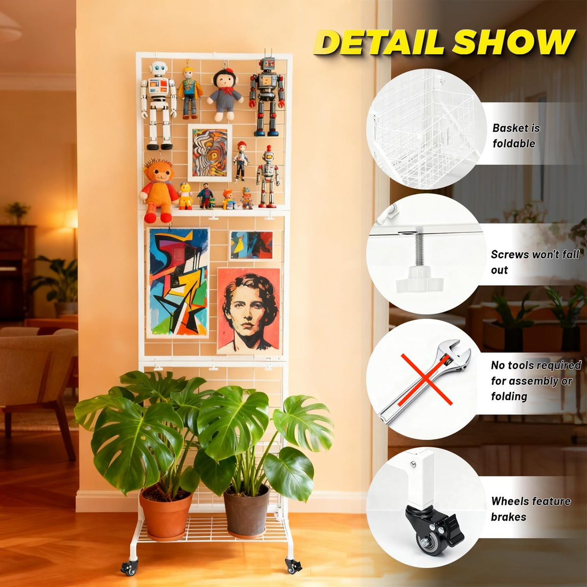 APshouhu Foldable Grid Wall Panels, Gridwall Panels with Folding Baskets, Tool-Free Assembly and Folding, for Storage and Retail Merchandise Display (White)
