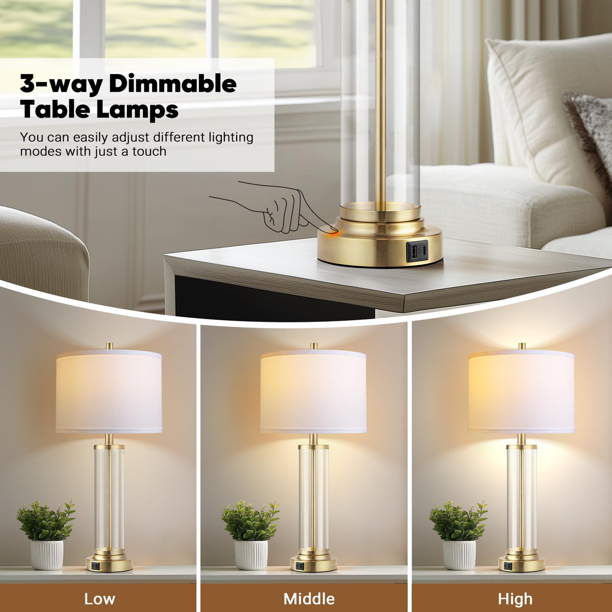 QiMH Lamps for Bedrooms Set of 2, Touch Control Table Lamps with USB A+C Ports, 3-Way Dimmable Bedside Lamp with Fabric Lampshade, Modern Nightstand Lamp for Living Room Bedroom (LED Bulbs Included)